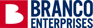 Logo of Branco Enterprises featuring a large red 'B' and blue text.