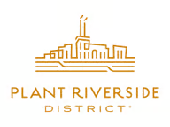 Logo of the Plant Riverside District with an illustration of a historic building and the text 'Plant Riverside District' underneath.