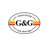 G&G Insulation and Air Sealing logo with black oval border and stylized yellow, red, and black stripes.