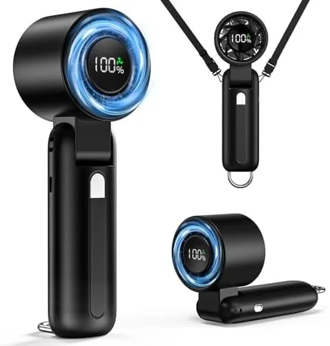 2025 Turbo Handheld Fan -100-Speed Adjustable Mini Fan w/ LED Display, 5000mAh Battery, 7-Blade High-Speed Cooling for Travel, Office, Neck & Camping - Compact, Foldable & Carabiner Clip (Black)