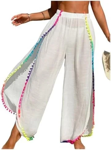 Women's Bathing Suit Cover Up Pants Split Sheer Flowy Beach Elastic Waist Wide Leg Swimsuit Pants