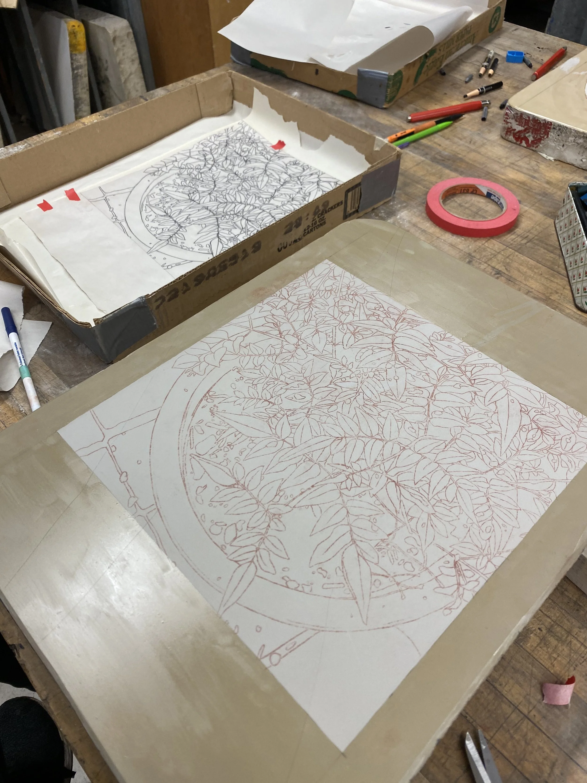 Process of the stone just after the drawing was transferred