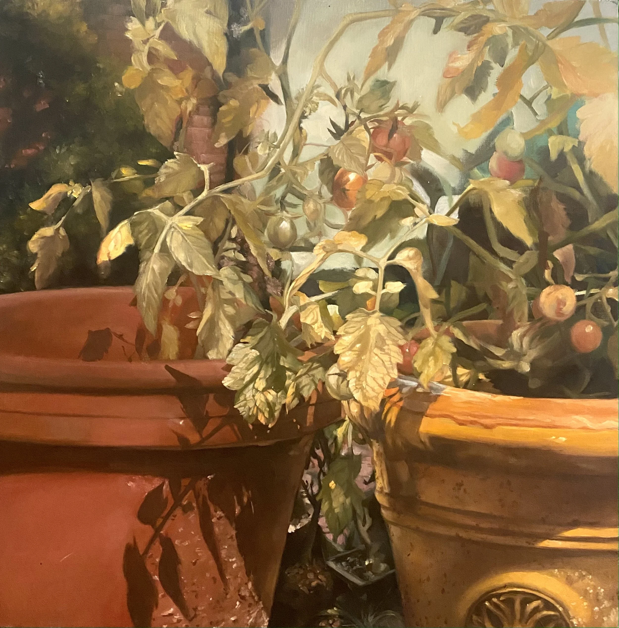 "Tomato garden on the side porch", oil on canvas, 18" x 18", 2021