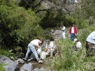 A group of scientists collecting watershed samples.