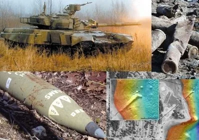 Collage of tank, ordnance, and satellite imagery