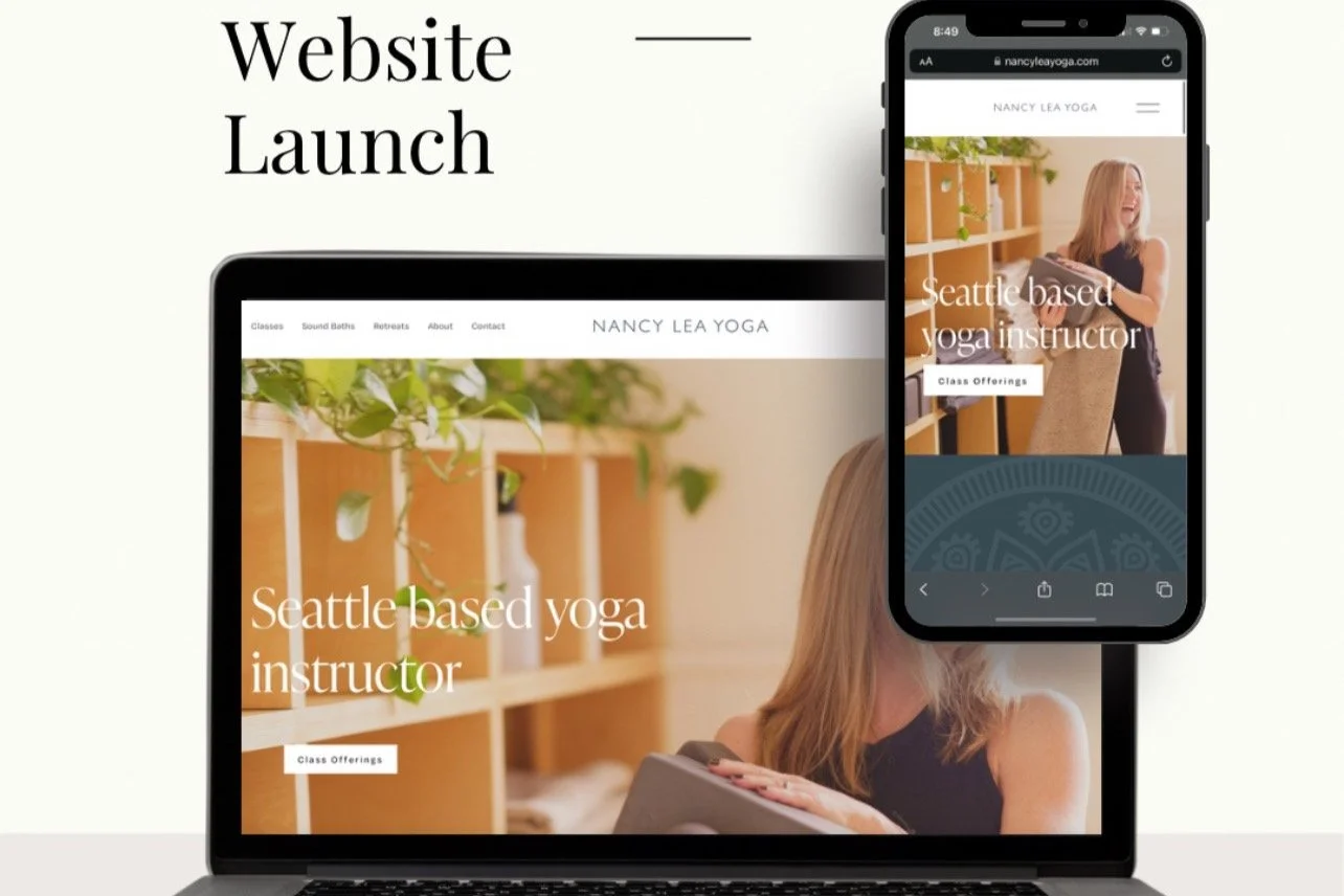 Laptop and smartphone displaying a website for Nancy Lea Yoga, with the main heading 'Seattle based yoga instructor' and an image of a woman smiling and holding a yoga mat in a studio.