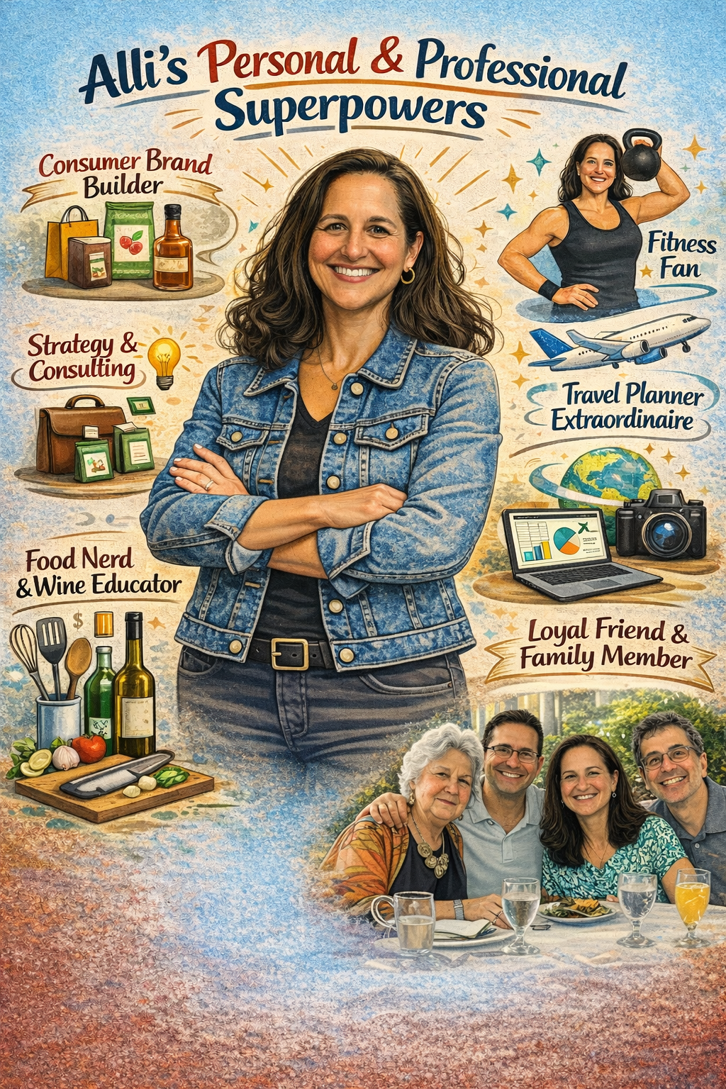 A woman in a denim jacket smiling with arms crossed, surrounded by illustrations representing her personal and professional superpowers: grocery items, a briefcase, cooking utensils and wine bottles, a woman lifting a kettlebell, a travel-related icons including a globe, camera, and laptop, and a photo of her with family and friends.