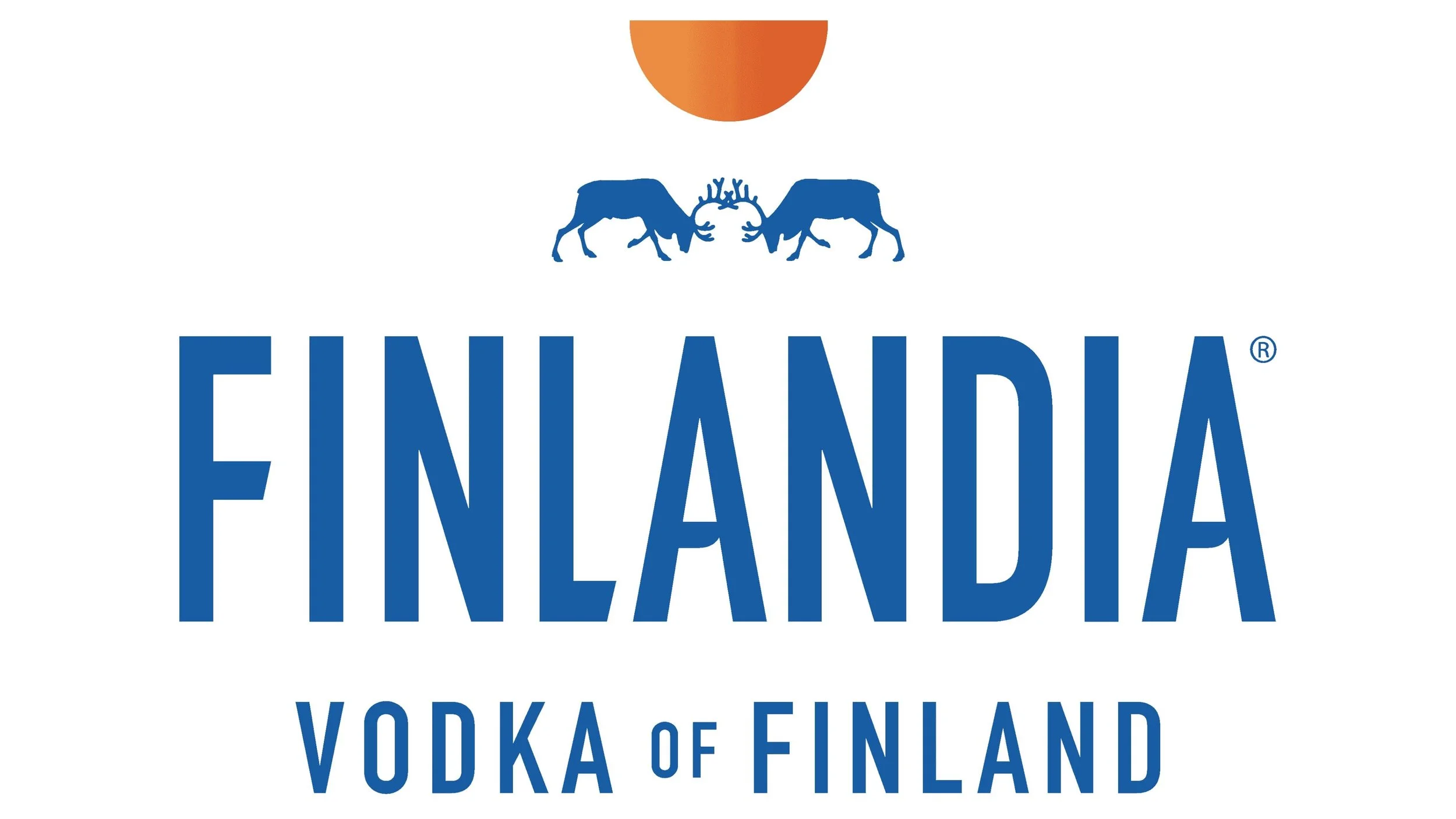 Finland vodka logo with two blue reindeer facing each other and a half orange circle above, with the text 'FINLAND' in large blue letters, and 'VODKA of FINLAND' below.
