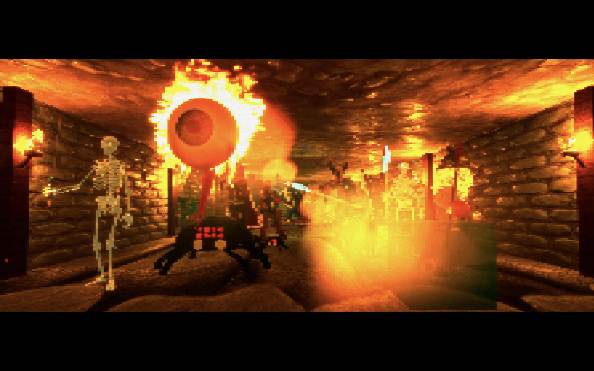 Pixelated scene from a video game depicting a fiery battle with explosions, a skeleton, and dark creatures in a castle corridor.