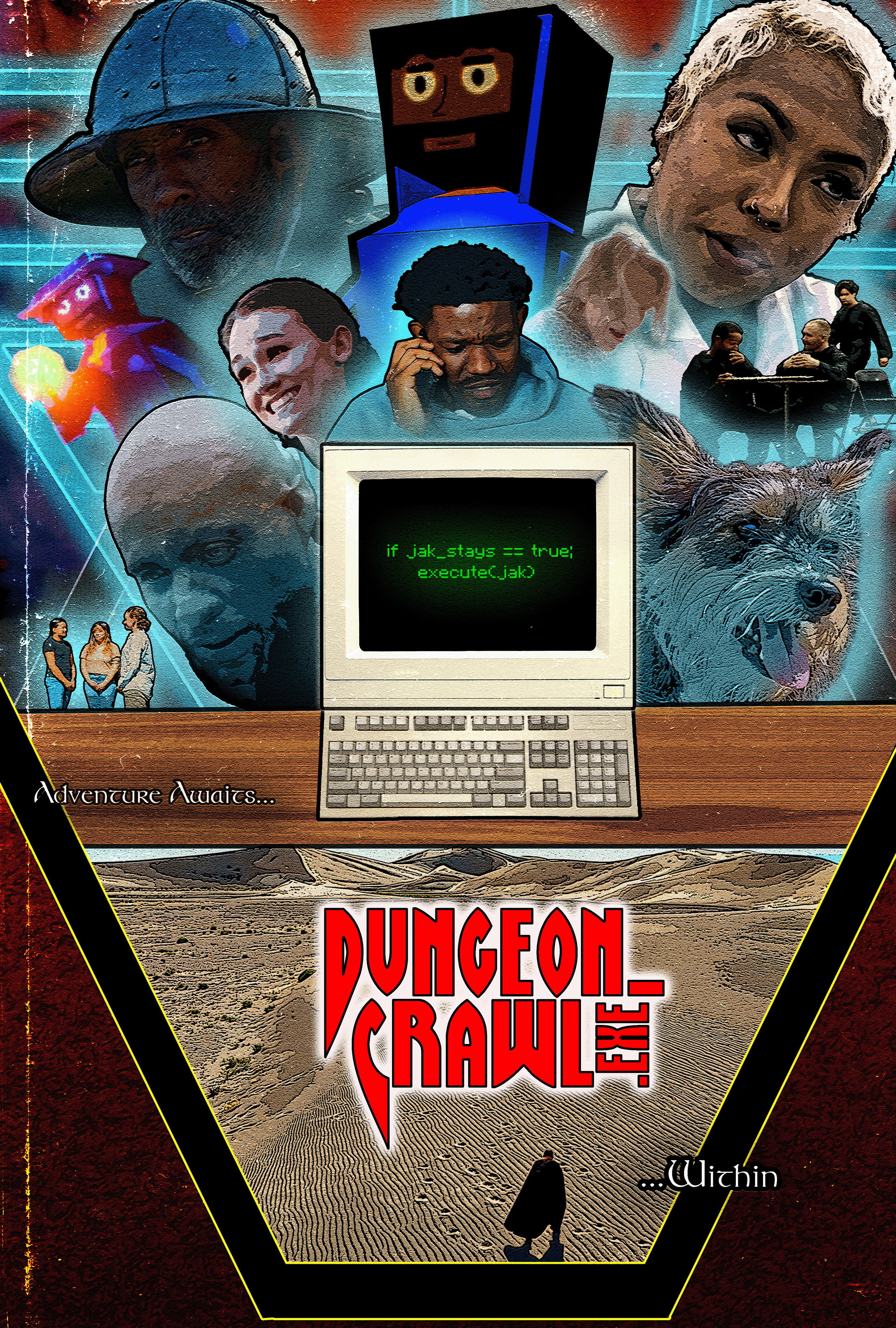 Collage of characters, objects, and scenes from science fiction film, including a computer with code, a desert landscape, a dog, and various human faces, with the title 'Dungeon Crawl' and the phrase 'Adventurer Awaits...Within'.