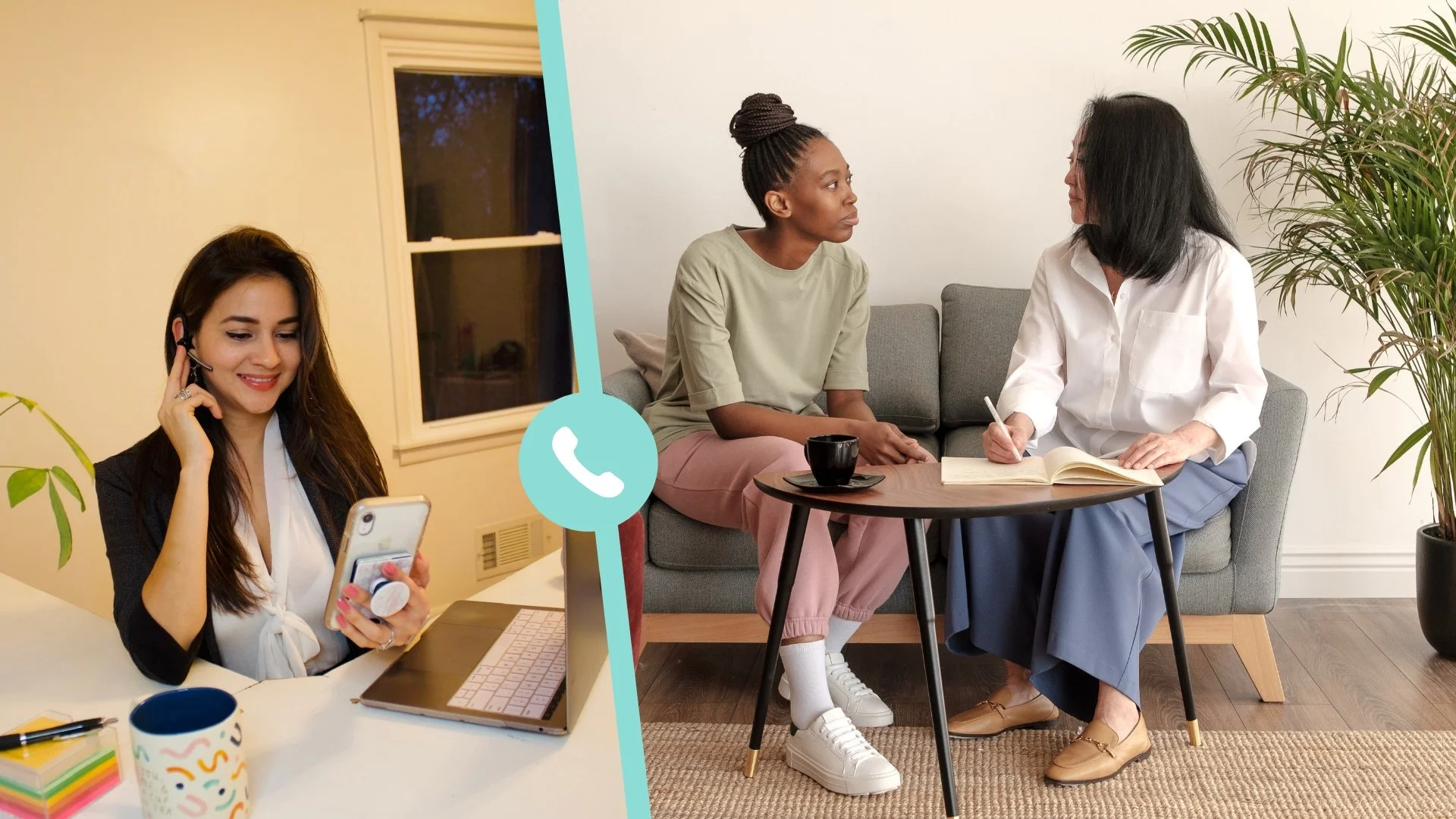 Busy therapist working with clients while a virtual assistant manages calls and scheduling in the background.