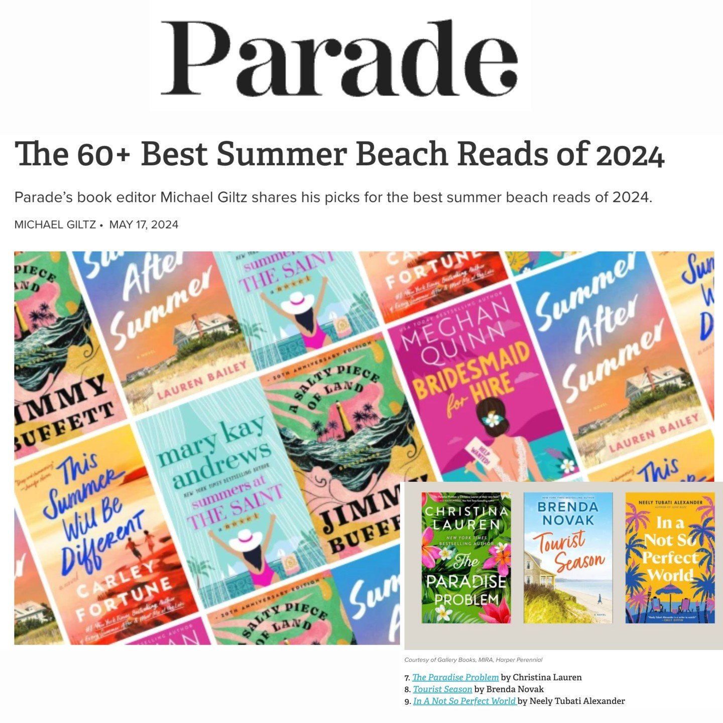 It has been so fun seeing all the summer reading lists come out and especially as IN A NOT SO PERFECT WORLD catches the eye of some of my favorite spaces! 

Honored to be part of @parade's best summer beach reads alongside some of the books that are 