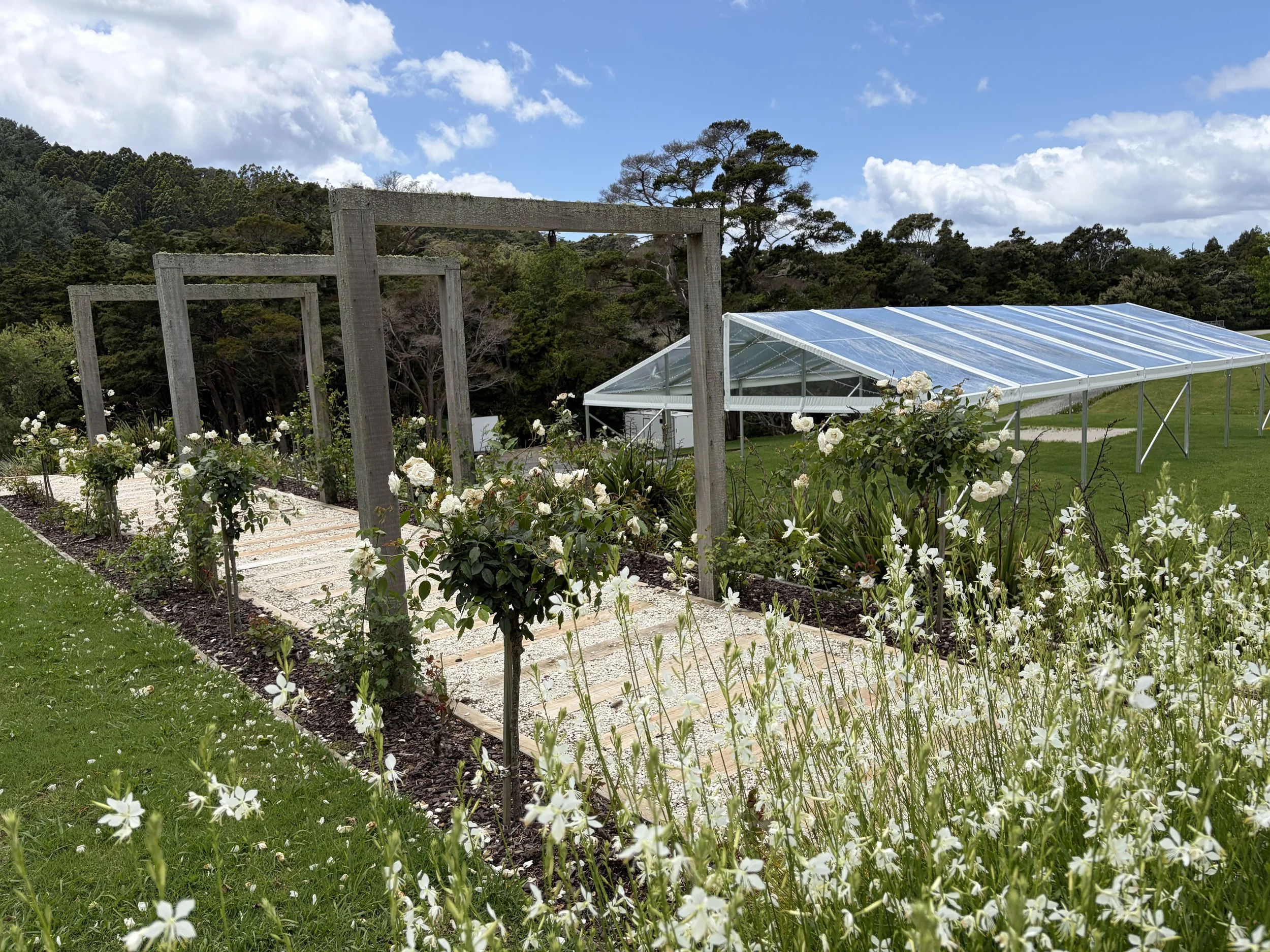 Gardens in full bloom with clear roof marquee and arches on walkway