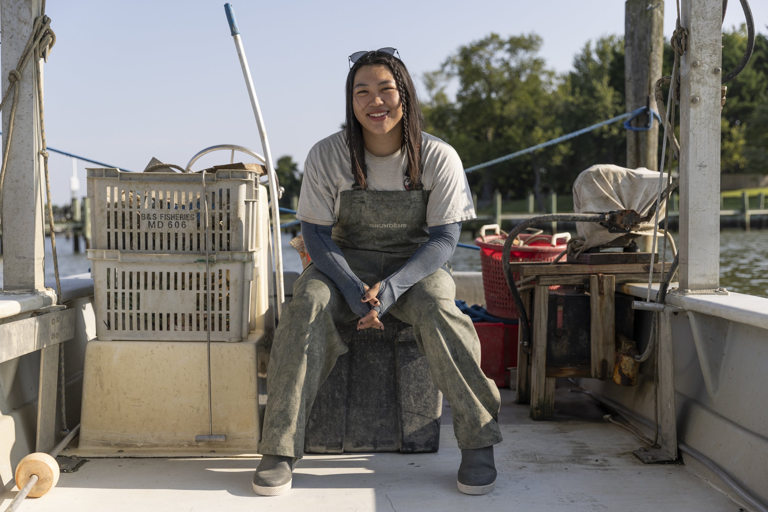  Joyce Luk, an intern with Minorities in Aquaculture (MIA), poses for a portrait at Orchard Point Oyster Co. in Queen Anne's County, Md., on Aug. 11, 2023. Luk's interest in the internship program was sparked by a passion for sustainable aquaculture.