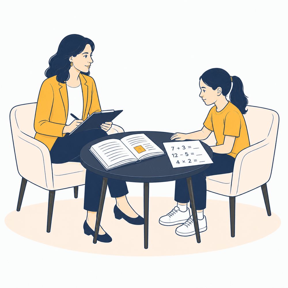Illustration of a psychologist and a student working together at a table