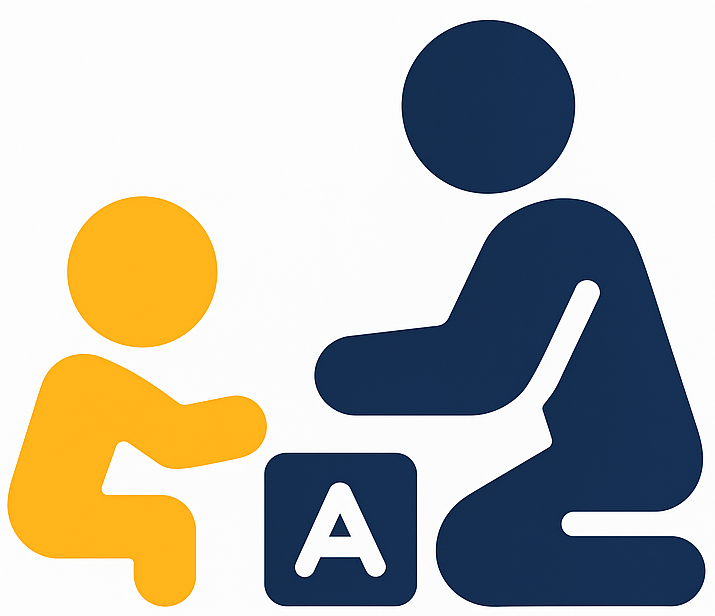 Icon depicting a child in yellow sitting and a person in blue kneeling, engaging in a conversation with a block labeled 'A' between them.