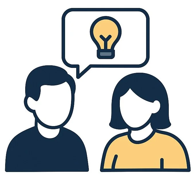 Two people having a conversation with a speech bubble containing a lightbulb symbol, representing an idea or brainstorm.