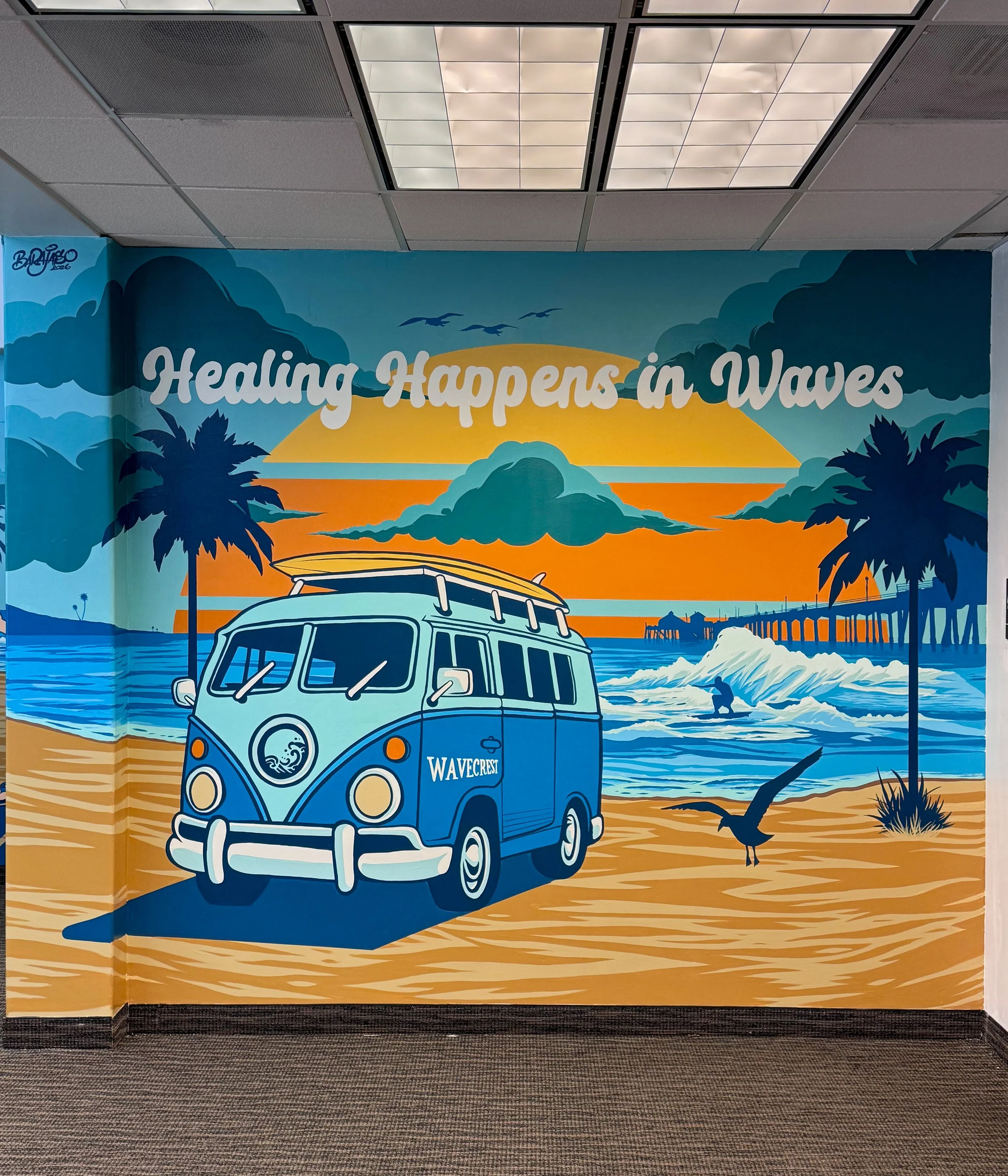 “Healing happens in waves.”
This 3-wall wrap-around mural is at Wavecrest Behavioral Health in Santa Ana, CA.
Hearing how the colors and artwork resonate, spark conversation, and make people feel something is always a reminder that art is powerful—an