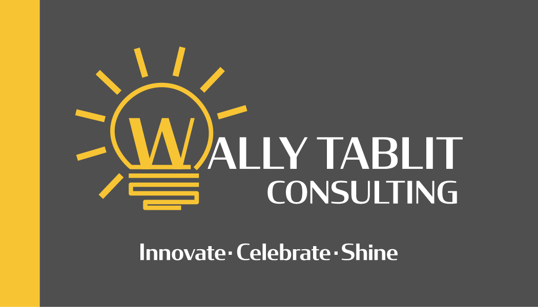 Logo for Ally Tablit Consulting featuring a yellow lightbulb with a 'W' inside, on a dark gray background with a yellow stripe on the left. The text reads "Ally Tablit Consulting" with the tagline "Innovate, Celebrate, Shine."