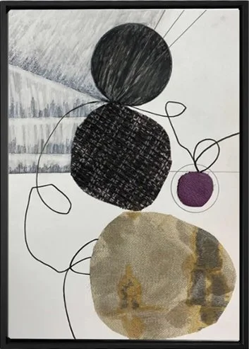 Abstract print with stacked round shapes and texture.