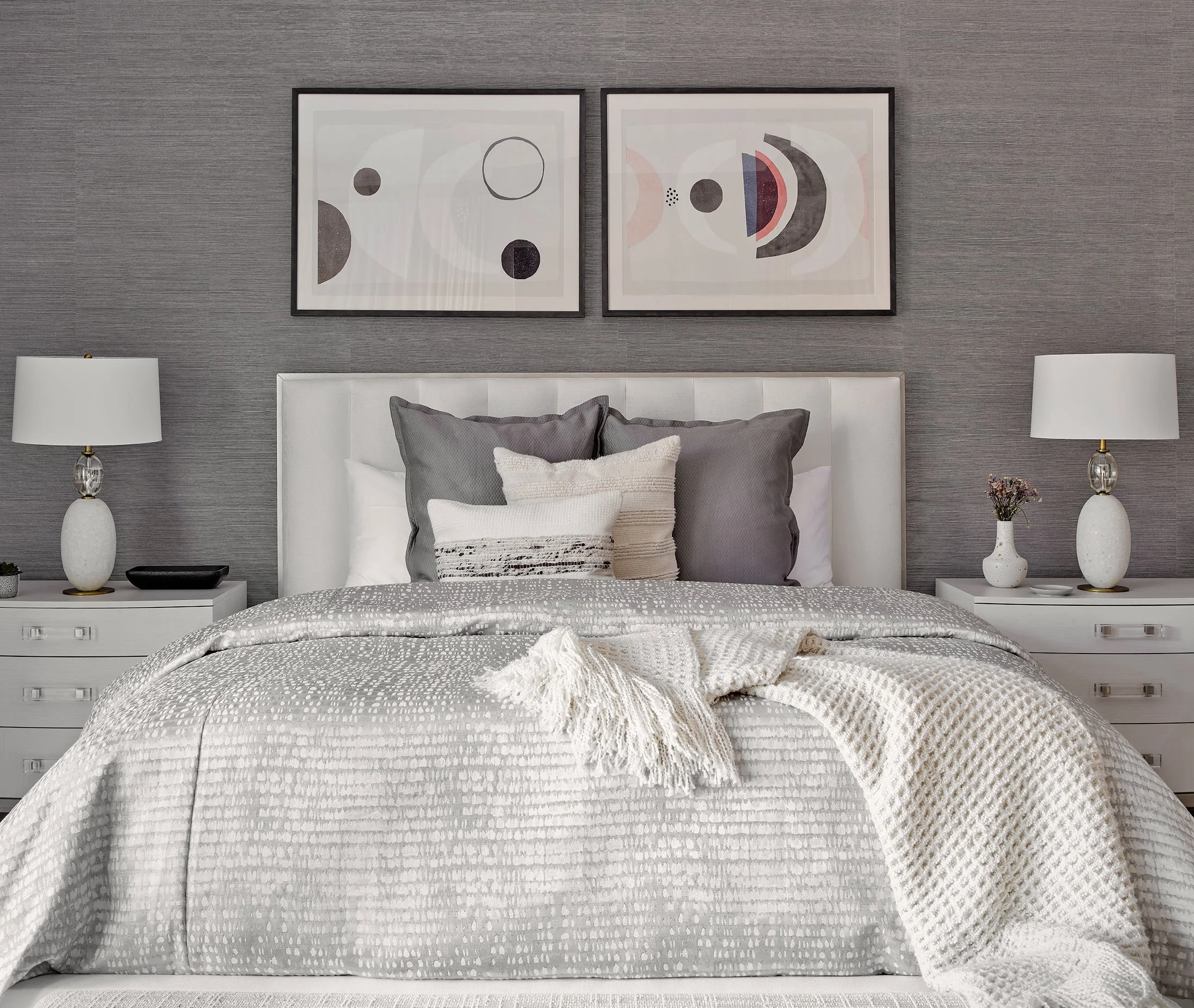 Contemporary minimal prints in primary suite