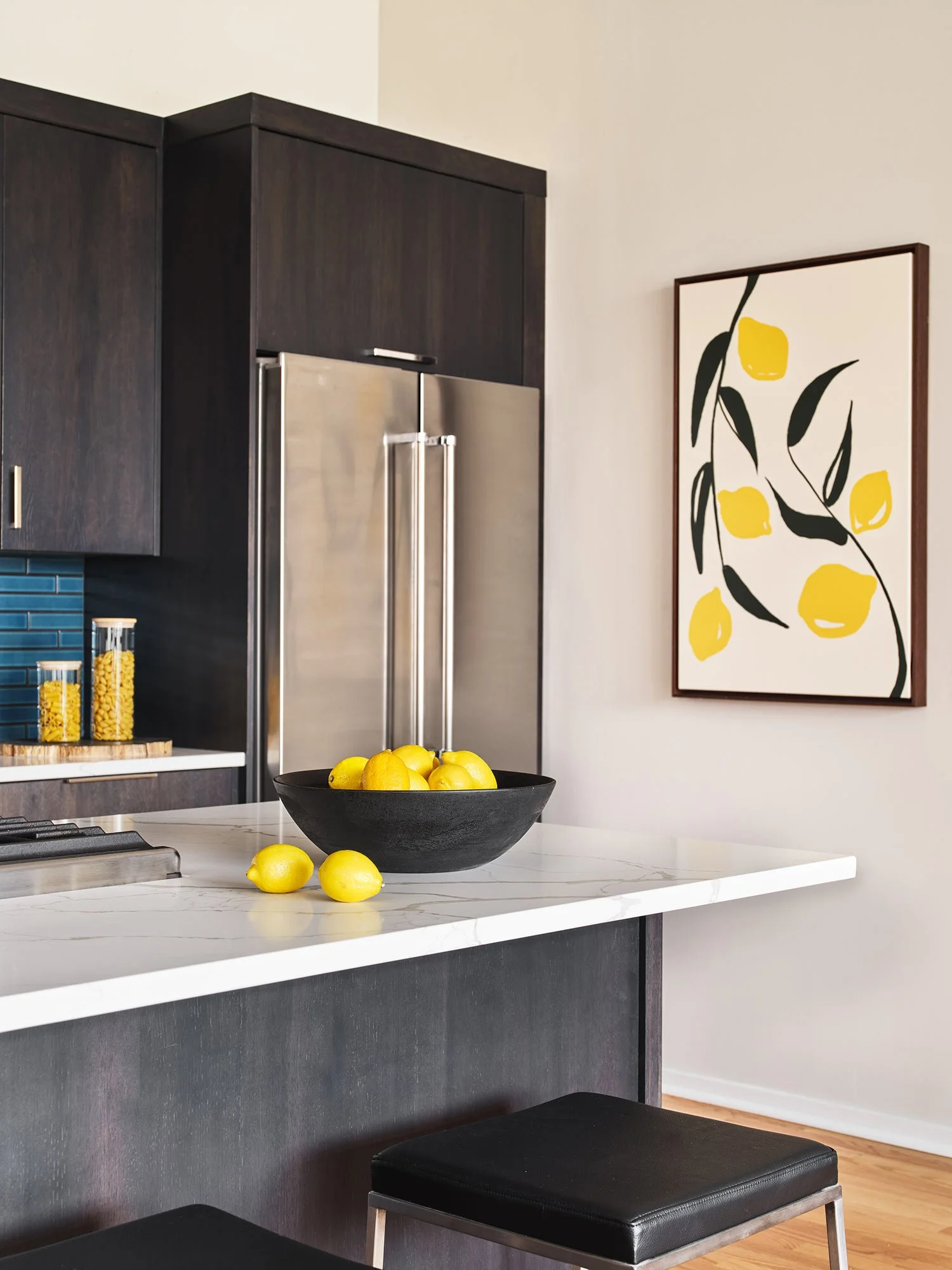 Whimsical print with lemons for kitchen