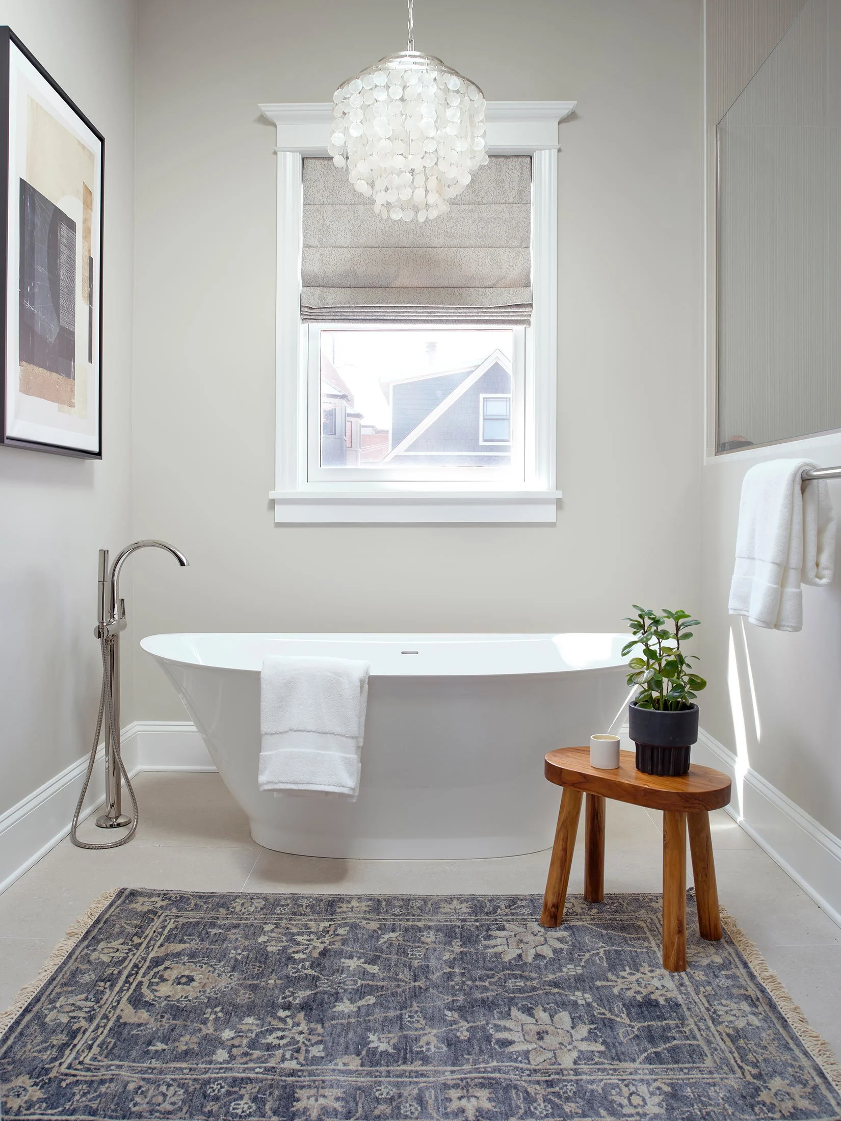 Contemporary abstract print in primary bath