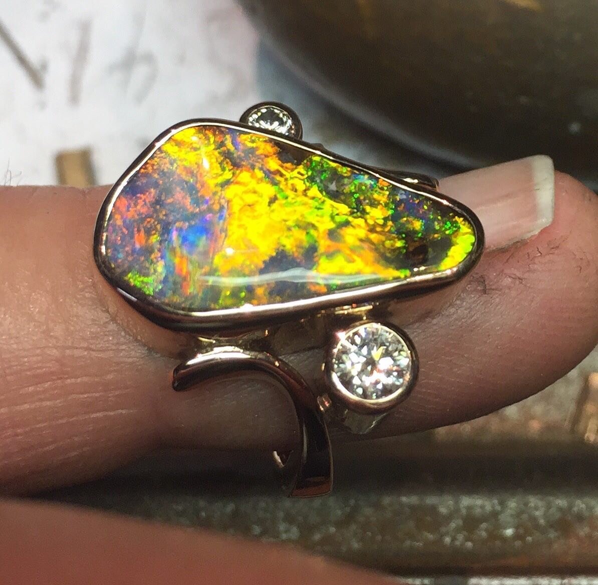 Opal and diamonds in gold ⚡️ 

Please get in touch if you would like to discuss a custom piece. 

#markscownjewellery #ring #ringsofinstagram #finejewellery #handmadejewellery #handmade #jewellerydesigner #gold #opal #opalsofaustralia #diamonds #prec
