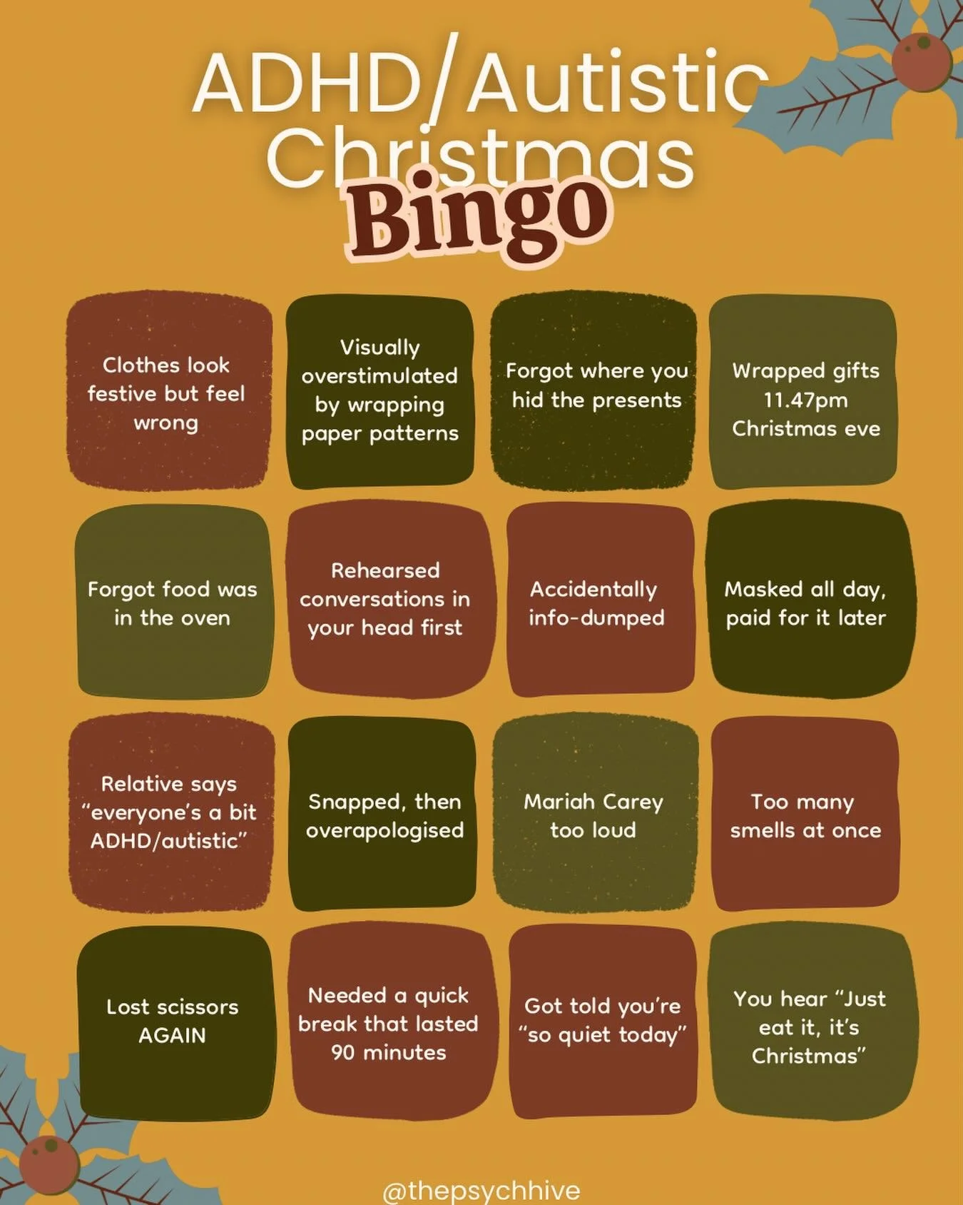 🎄 ADHD / Autistic Christmas Bingo 🎄

If December feels like a lot, you&rsquo;re not imagining it.

Sensory overload, disrupted routines, masking, executive functioning on hard mode, all at once.

Screenshot, play along, and remember:
you&rsquo;re a