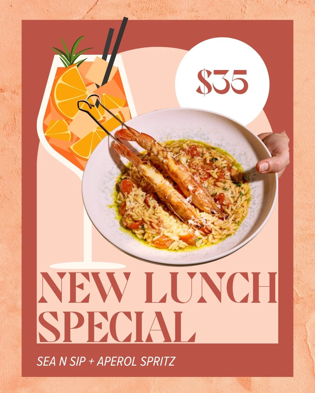 Warmer weather calls for something special&hellip; and we&rsquo;ve got it! ☀️

Introducing Sea n&rsquo; Sip. Grilled prawns, garlic orzo pasta, kefalograviera cheese, and an Aperol Spritz for $35.

Available Monday - Friday, 11am &ndash; 4pm until th