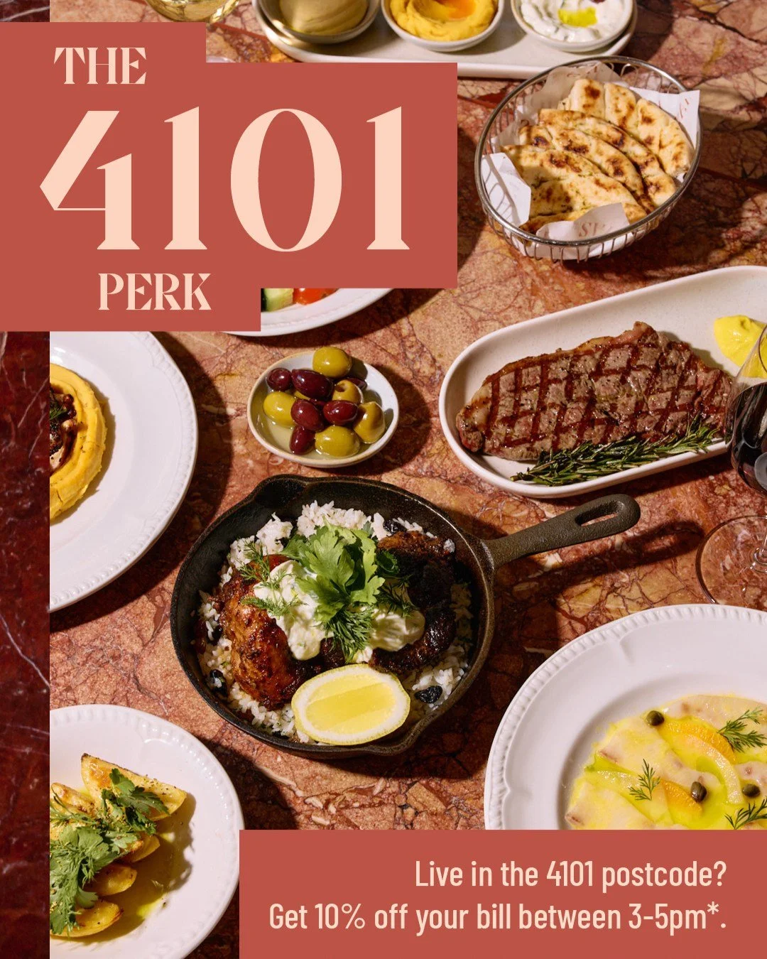 4101 locals, this one&rsquo;s for you! 

Enjoy 10% off your bill at Yamas between 3&ndash;5pm daily with our new 4101 Perk. Just show proof of address. 

Maximum of 6 guests per seating. Surcharges apply on weekends, public holidays, and card payment
