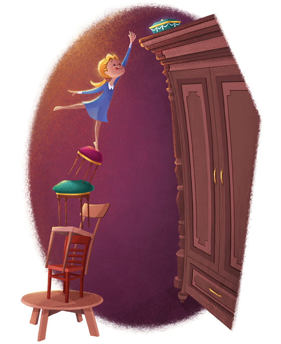 Illustration by Izabela Ciesinska of a girl stacking chairs to reach a magic box on a cabinet.