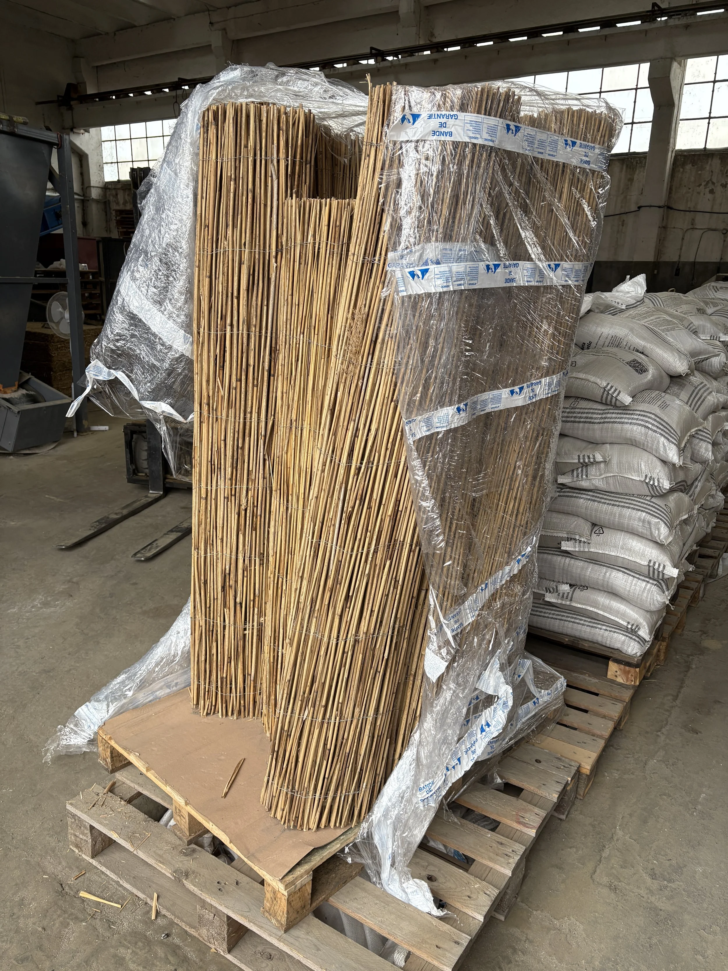 Rogojine de stuf ambalate sul, pe palet, cu saci pe paleti in fundal