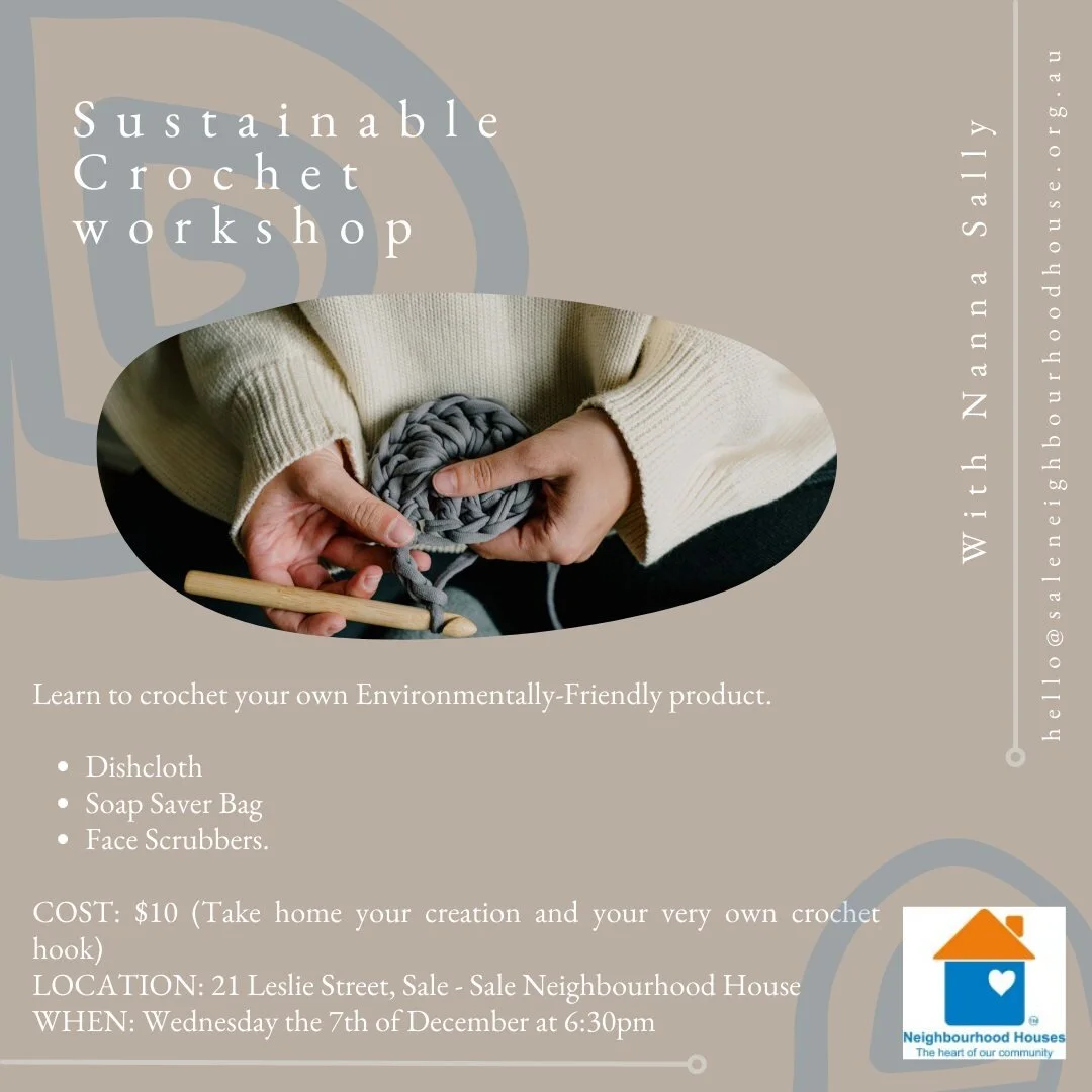 Learn to crochet your own environmentally-friendly product!

This workshop is a great way to get started with crochet, and it's also a great way to take your love of crafty things and turn it into something that helps the planet. 

You'll get to lear
