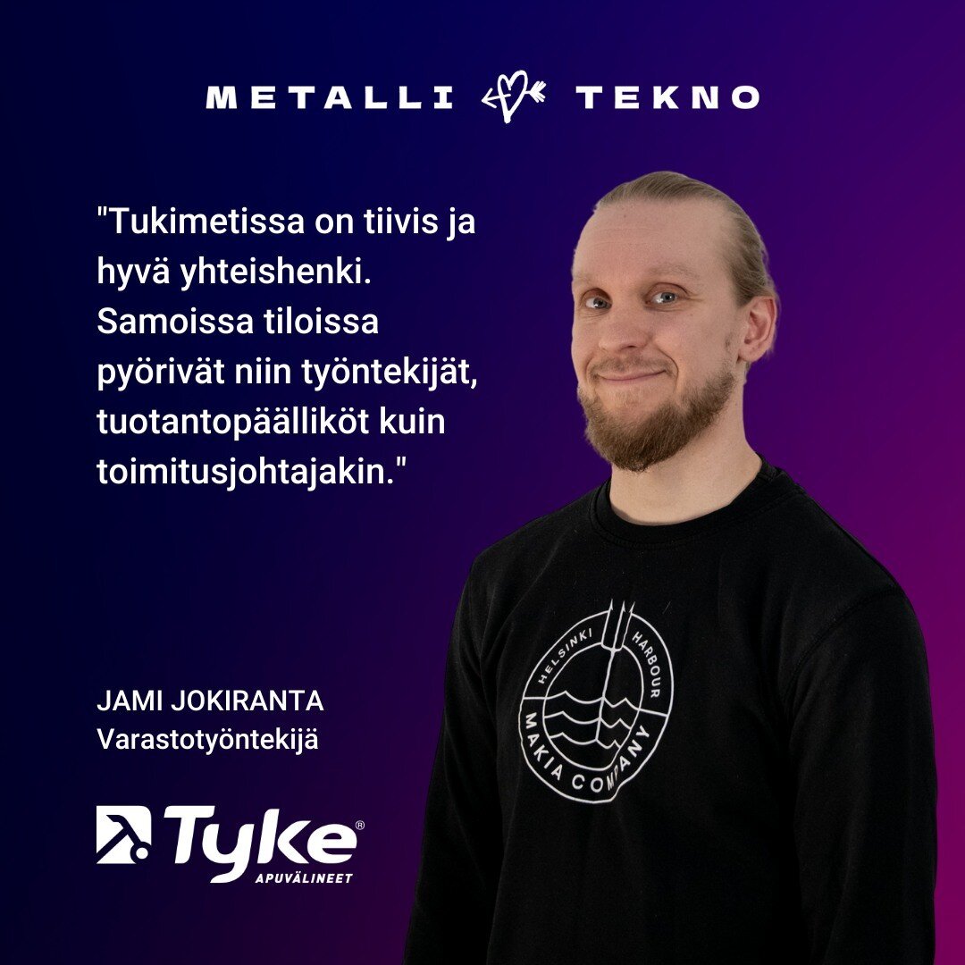 Kuusi vuotta sitten Tukimet Oy:ssa aloittanut Jami Jokiranta suoritti metallialan perustutkinnon Kouvolassa ennen kuin el&auml;m&auml;ntilanne kuljetti h&auml;net Satakuntaan. Monipuolisesti erilaisia metallit&ouml;it&auml; tehnyt Jokiranta tuli Tuki