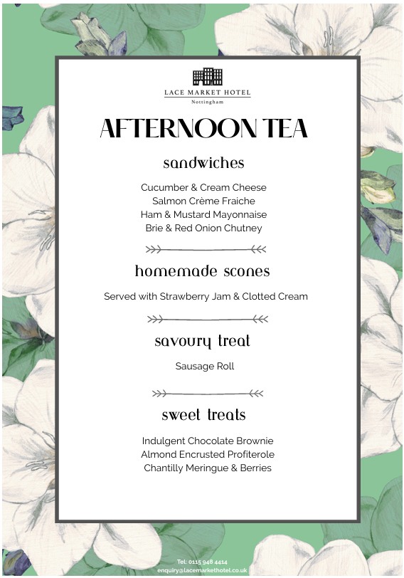 image of a sample afternoon tea menu detailing sandwiches, homemade scones, savoury treat and sweet treats
