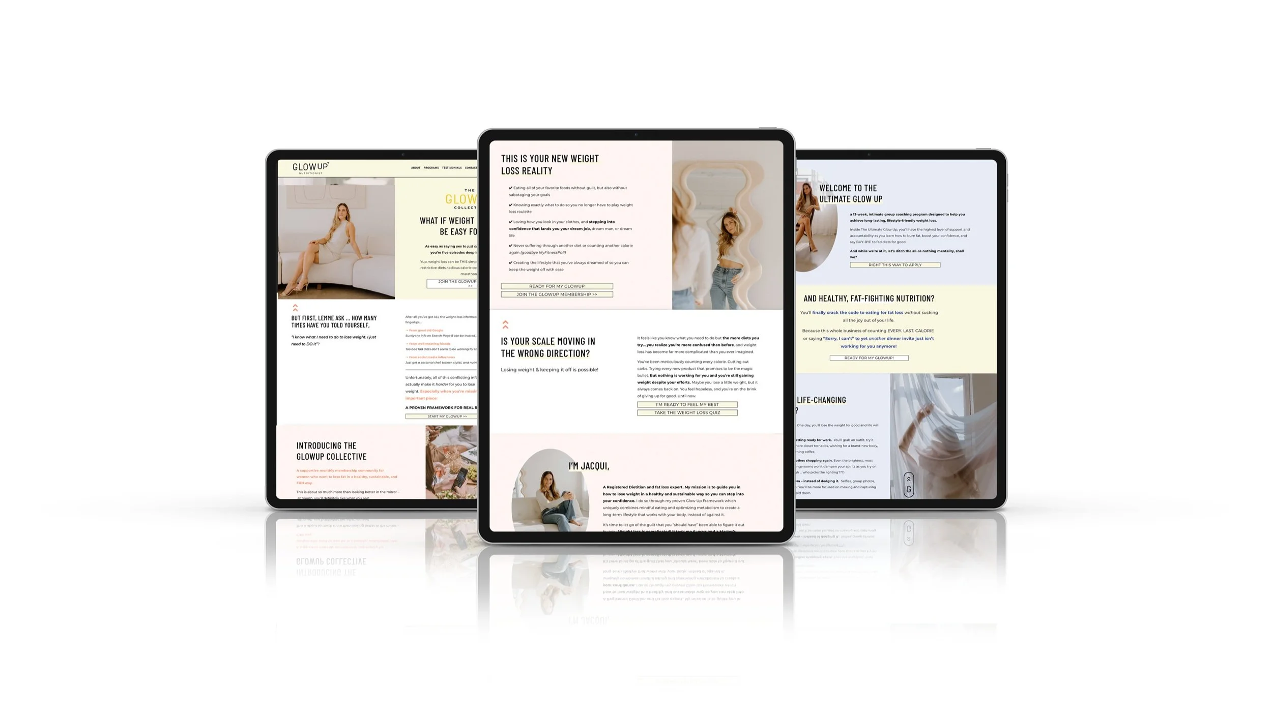 Three tablet screens displaying a health and wellness website with weight loss and nutrition content, featuring images and text descriptions on a white background.