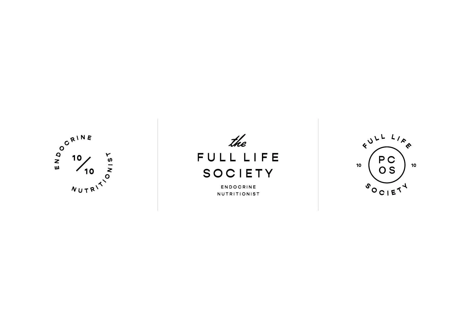 Three logos of 'The Full Life Society,' an endocrine nutritionist brand, with circular designs and PCOS reference.