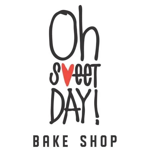 Graphic design with the text 'Oh sweet day! Bake Shop' and a heart symbol replacing the letter 'v' in the word 'sweet'.