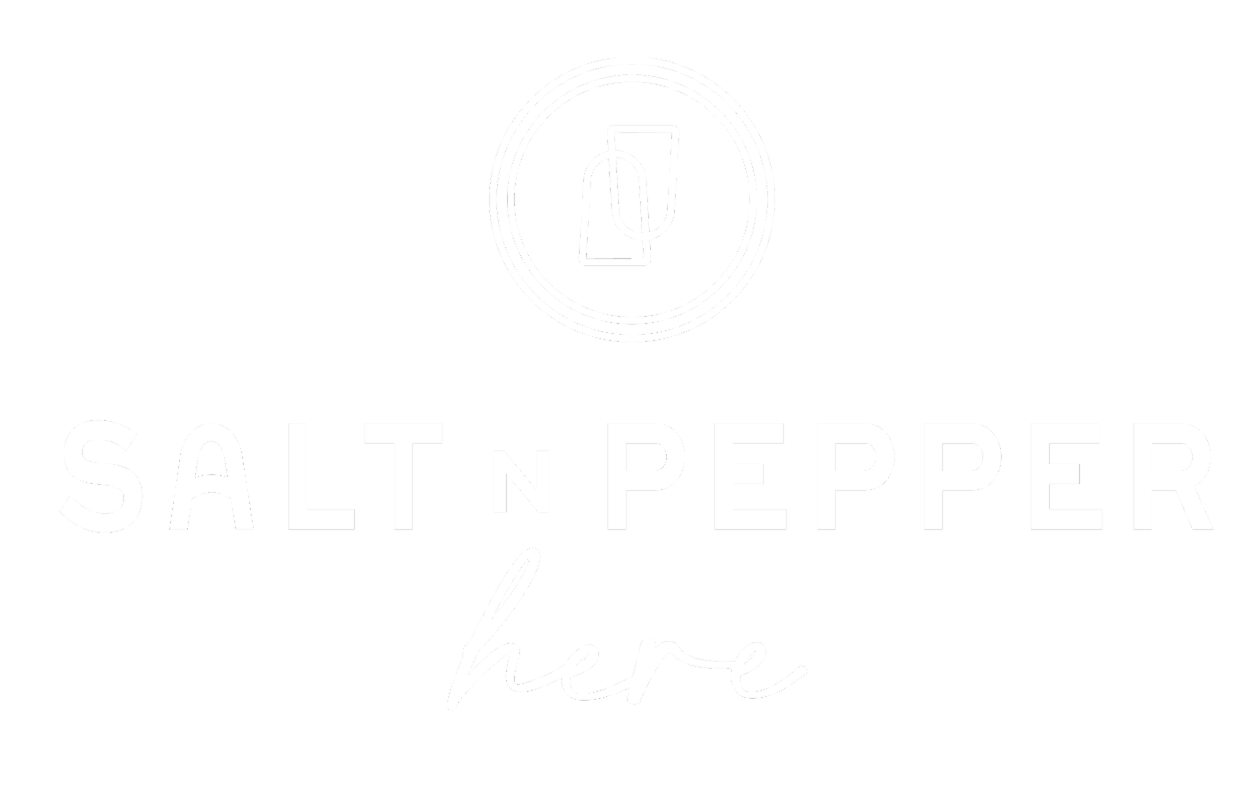 Black background with white text that reads, "Salt n Pepper here" with a small salt shaker icon above the text