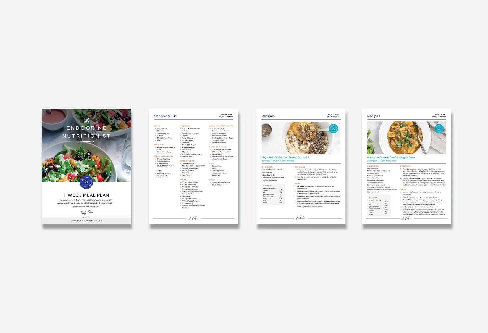 Four-page meal plan document featuring a 1-week meal plan cover, a shopping list, and two recipe pages including images of dishes.