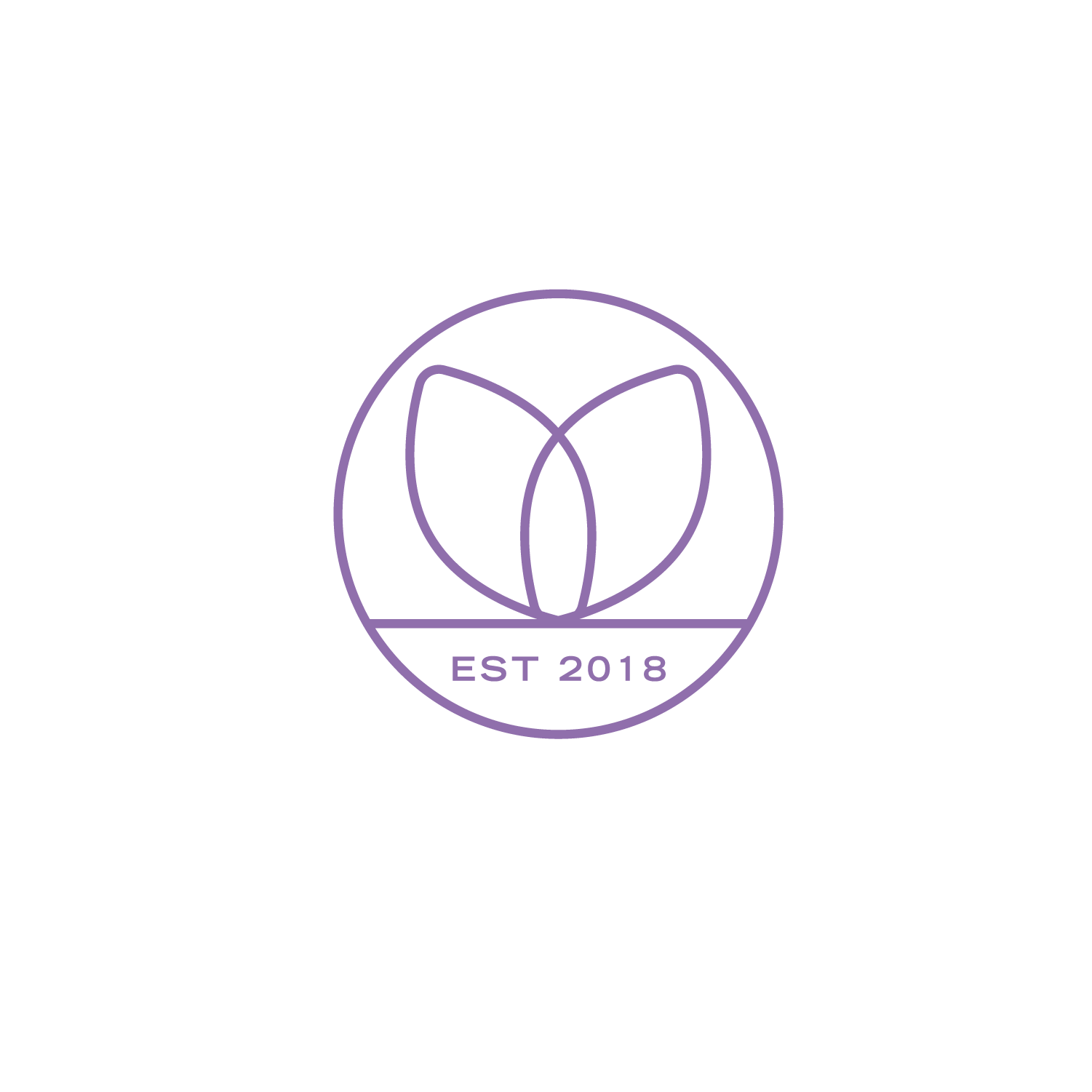 A logo with a minimalist purple flower design within a circle and the text 'EST 2018' below.