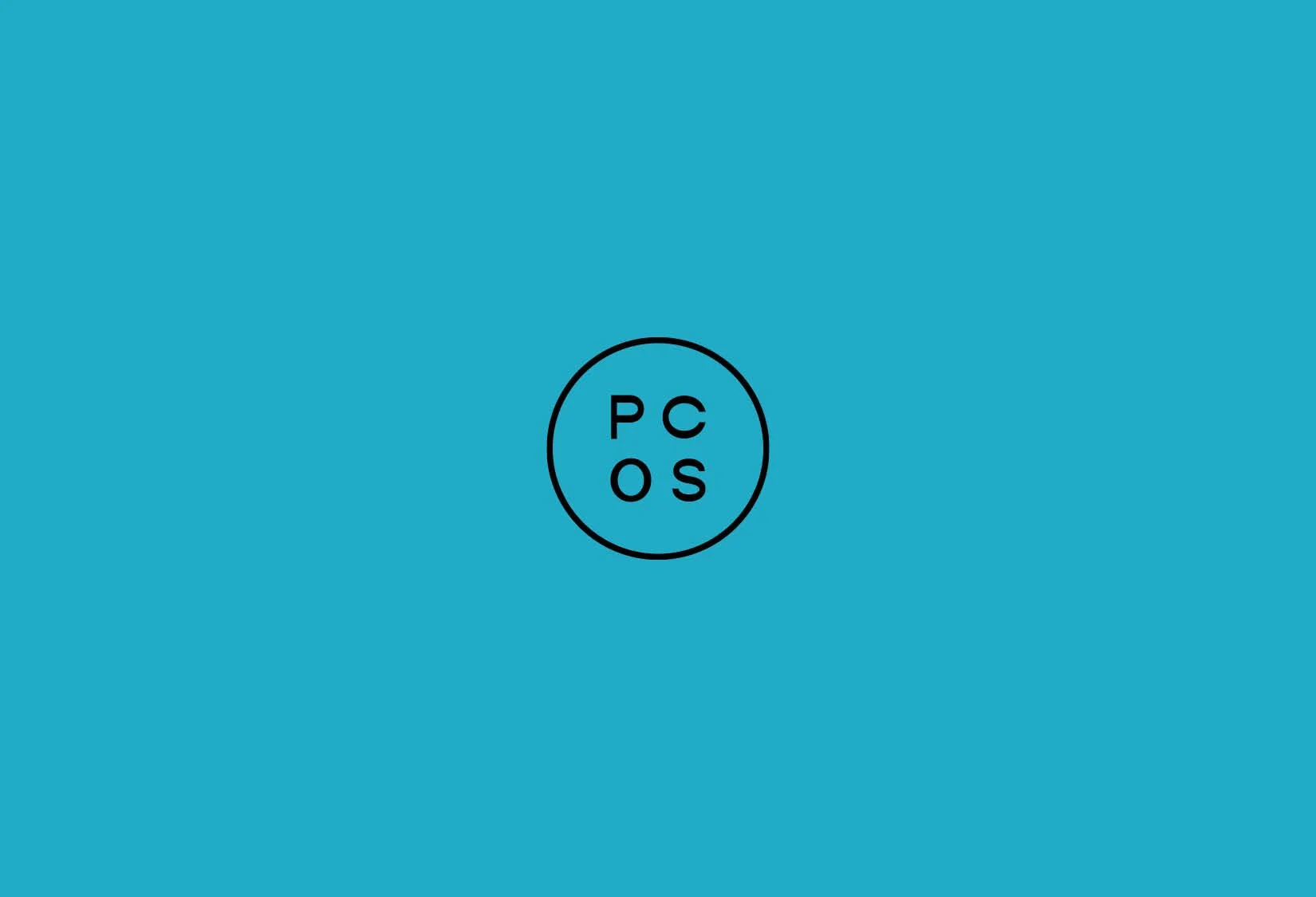 Black circle with "PCOS" letters inside on a blue background.