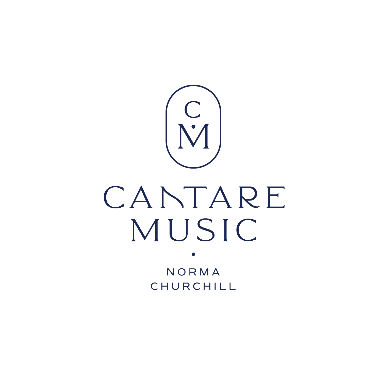 Design of album cover for Cantare Music, featuring the name Norma Churchill, with a circular emblem containing the letters 'C' and 'M' inside a rounded rectangle, all in navy blue on a black background.