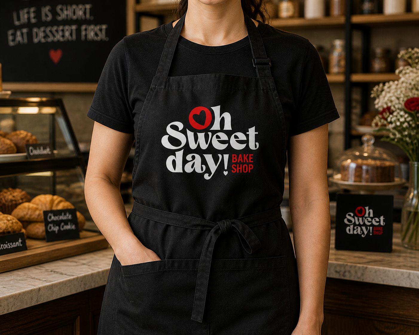 A woman wearing a black apron with the text 'Oh sweet day! Bake Shop' standing in a bakery.