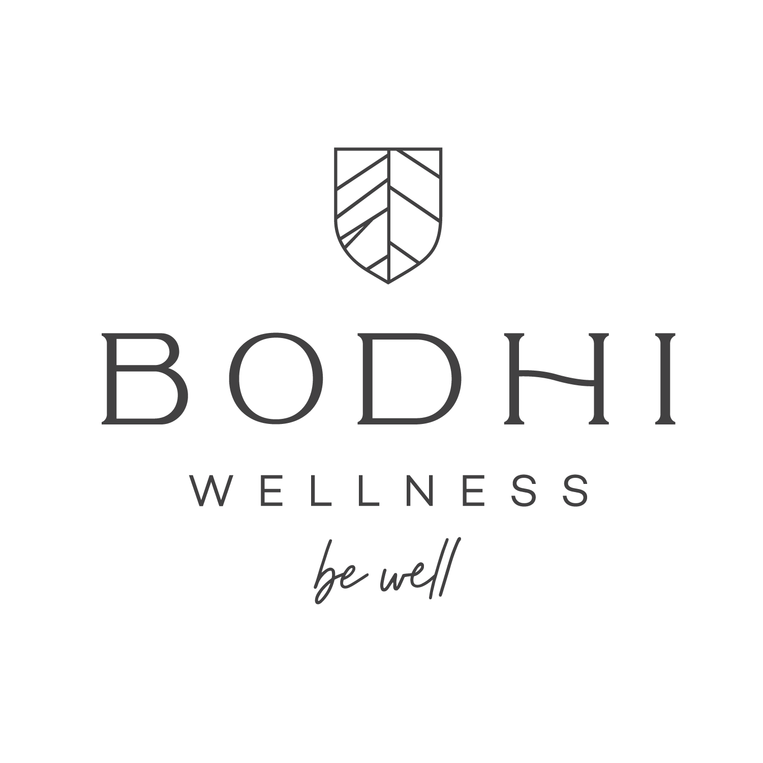Black logo for BODHI Wellness, featuring a stylized shield with a leaf design and the words 'BODHI Wellness' and the tagline 'be well'.
