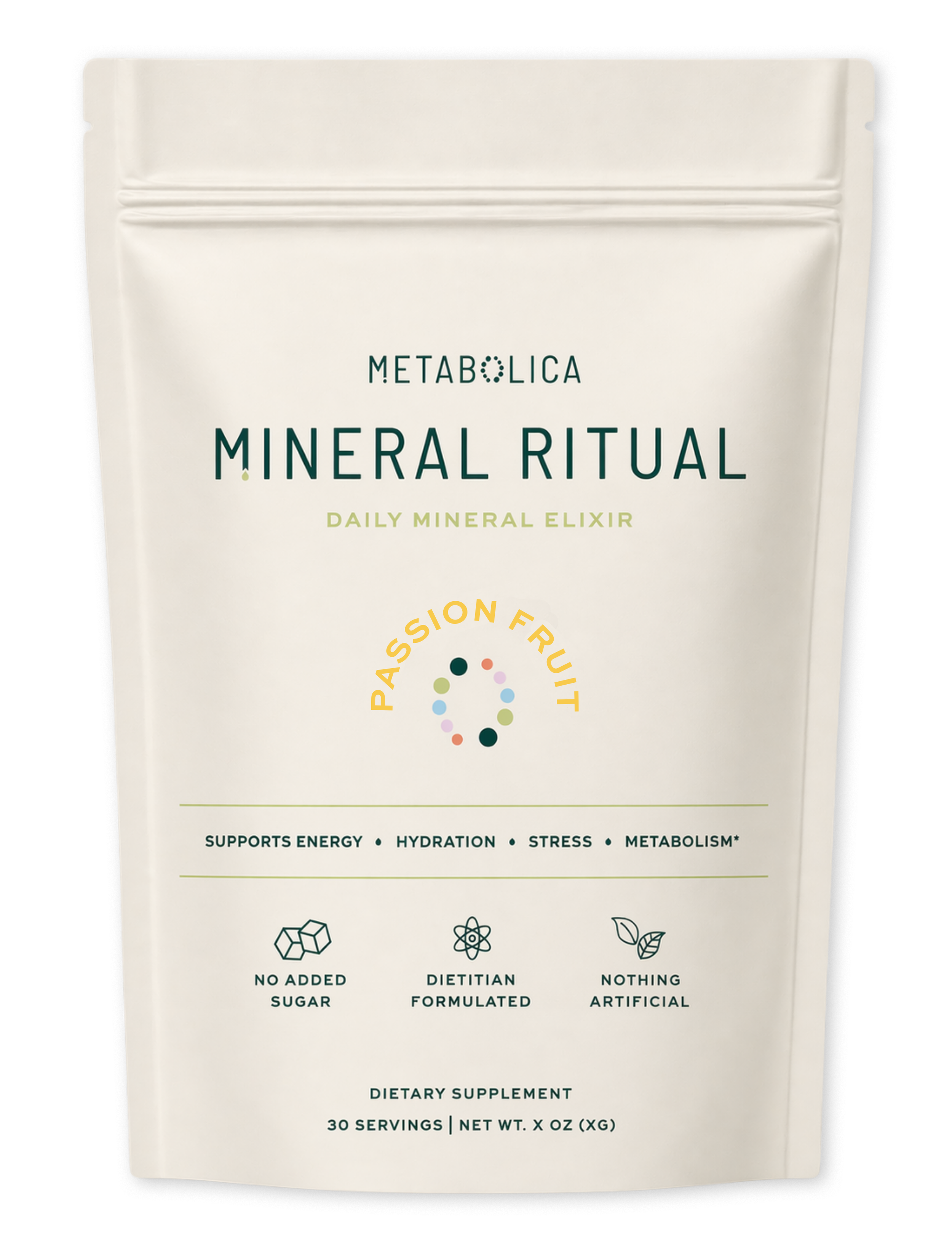 Package of Metabolica Mineral Ritual daily mineral elixir with icons and text highlighting benefits and features.