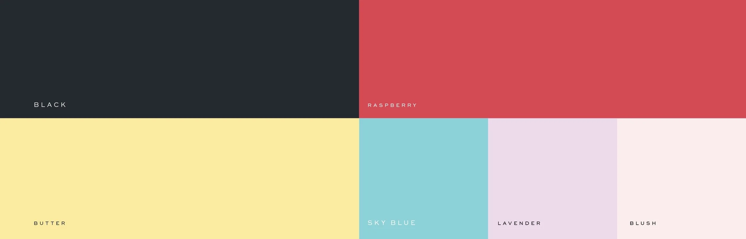 Four color blocks labeled: Black, Raspberry, Butter, Sky Blue, Lavender, and Blush.