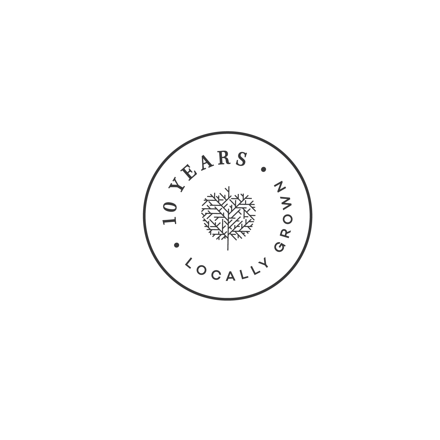 Black t-shirt with a circular logo that features a heart-shaped tree and the words '10 Years Locally Grown' around it.