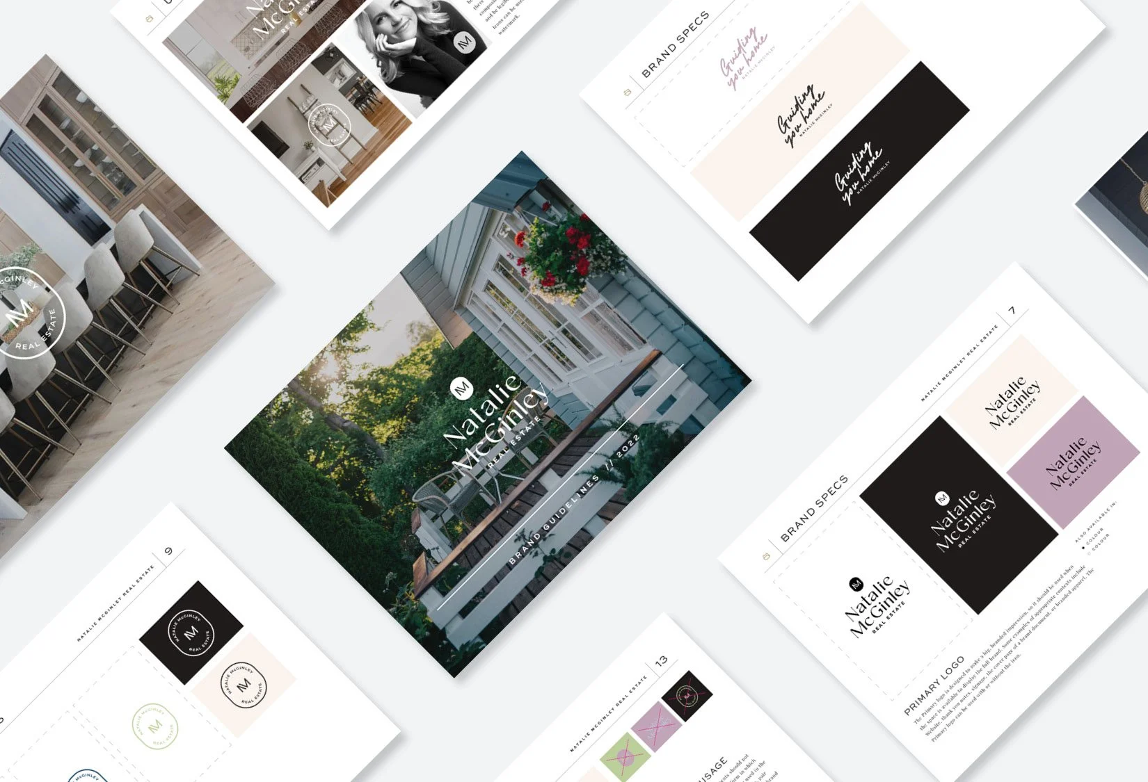 Collection of branding materials for Natalie McGinley Real Estate, including logo designs, color palette, and an exterior photo of a house with a porch and flowers.